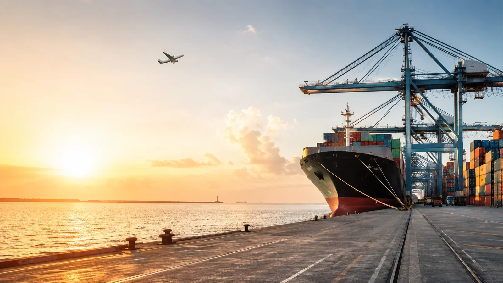 Container ship, port and aircraft representing worldwide logistics